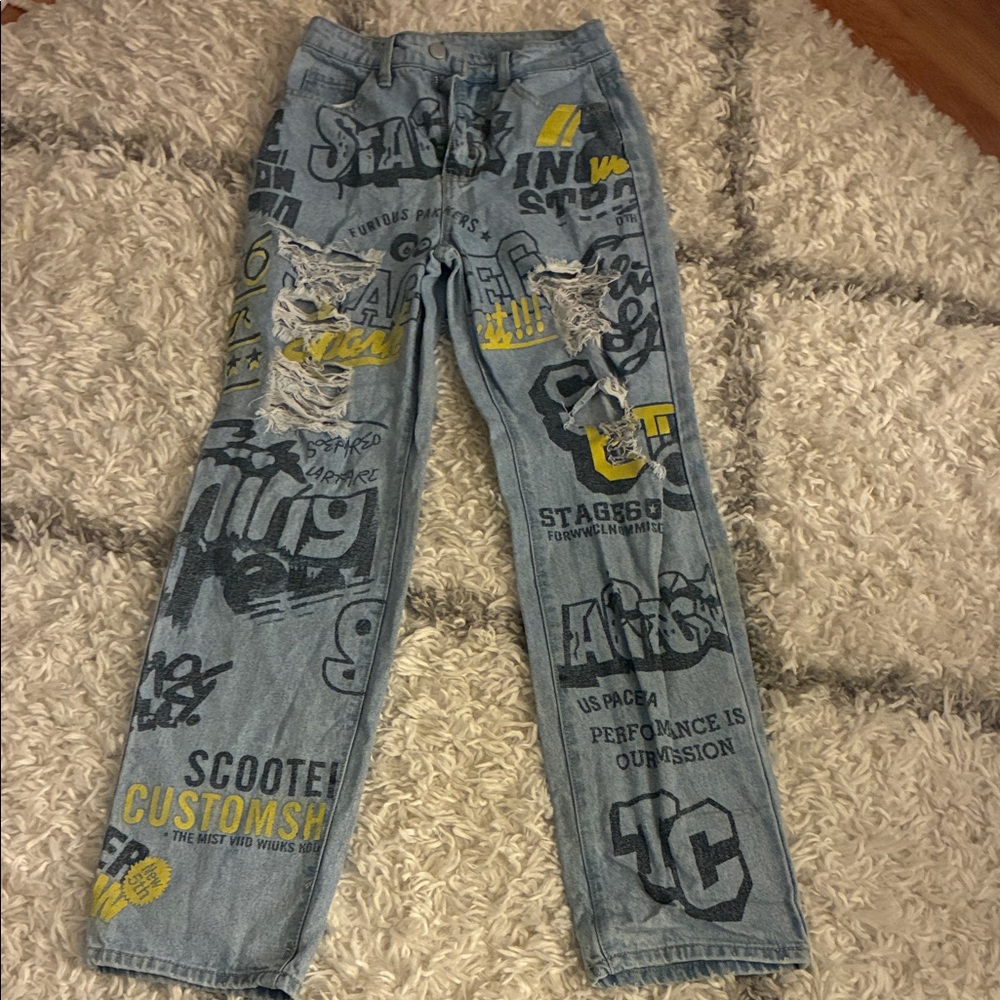 SHEIN Blue Graphic Straight Leg Jeans
